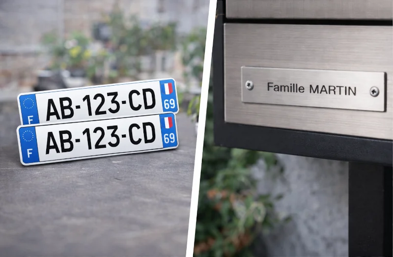 Plaques d’immatriculation et plaque de boîte aux lettres en métal